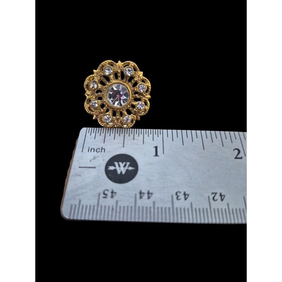 Vintage 1928 Gold Tone Flower Earrings Shiny Rhinestones Pierced - Picture 3 of 3